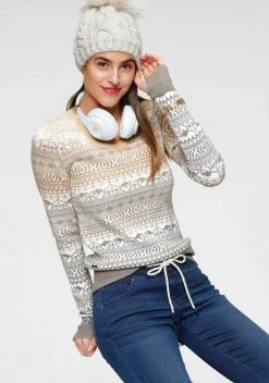 KangaROOS Jacquardpullover im Norweger-Muster mit kleinen Kängurus Offwhite-taupe-gemustert, Marine-hellblau