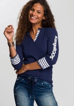 KangaROOS 3/4-Arm-Shirt mit großem Markenschriftzug am Arm Weiß-blau, Schwarz-weiß, Marine-weiß