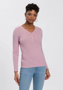 KangaROOS Strickpullover mit Knöpfen in gestreift und uni Rosa, Marine, Graublau