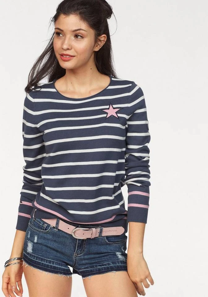 26891840.jpg KangaROOS Streifenpullover mit kontrastfarbigen, aufgenähten Sternen Schwarz-grau-wollweiß-gestreift, Blau-weiß-rosa-gestreift, Wollweiß-blau-hellpink-gestreift -KANGAROOS Verkäufe 26891840