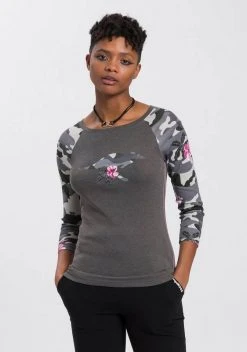 KangaROOS 3/4-Arm-Shirt mit tarnfarbenen Camouflage-Ärmeln und Front-Print Anthrazit-schwarz, Offwhite-tarnfarben