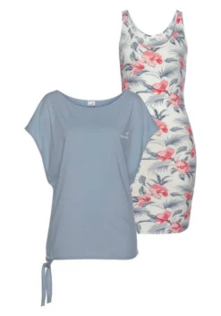 KangaROOS Shirtkleid (2-tlg) mit Rundhalshirt Dusty-blue, Apricot | marine-türkis-geblümt, Anthrazit-meliert