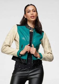 KangaROOS Lederjacke mit farbigen Streifendetails Schwarz-rot, Gr&uuml;n-offwhite