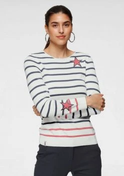 KangaROOS Streifenpullover mit kontrastfarbigen, aufgenähten Sternen Schwarz-grau-wollweiß-gestreift, Blau-weiß-rosa-gestreift, Wollweiß-blau-hellpink-gestreift